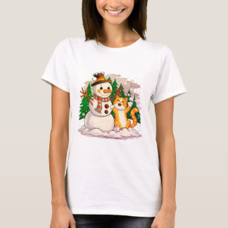 Camiseta Kitty Cat e Snowman Amigos para os Pássaros de inv
