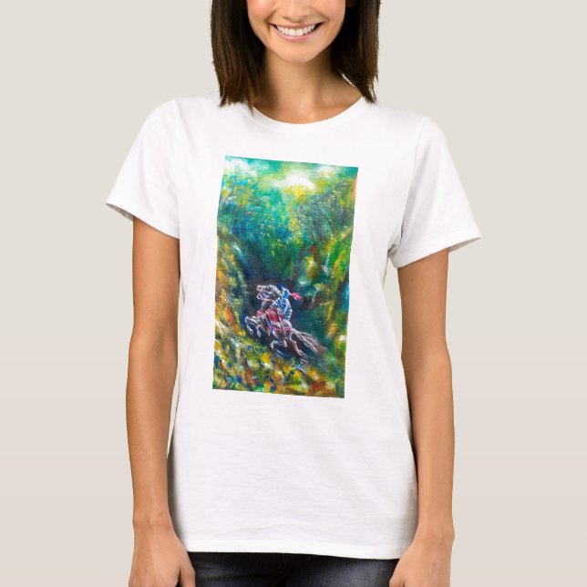 CAMISETA KNIGHT LANCELOT, HORSE ANDANDO NA FLORESTA VERDE (Frente)