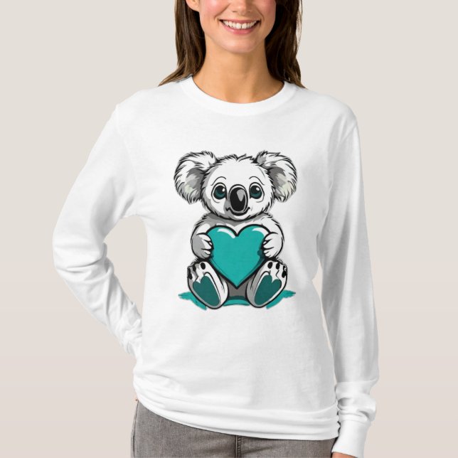 Camiseta Koala Bear Hugging Teal Heart (Frente)