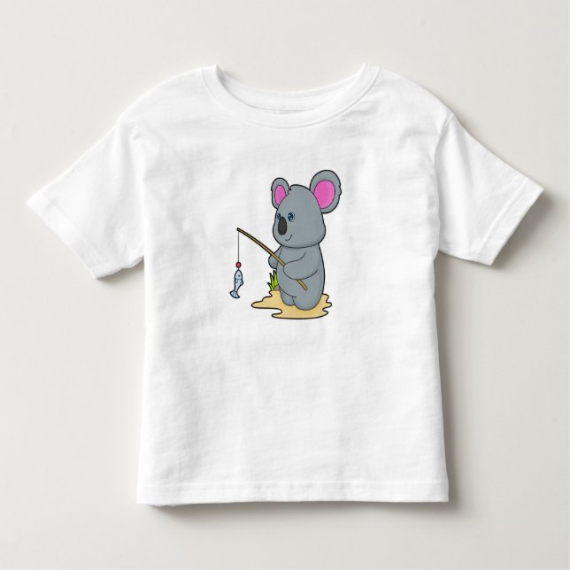 Camiseta Koala como pescador com cana de pesca e peixe (Frente)