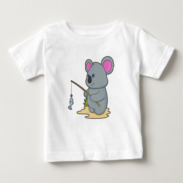 Camiseta Koala como pescador com cana de pesca e peixe (Frente)