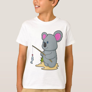 Camiseta Koala como pescador com cana de pesca e peixe