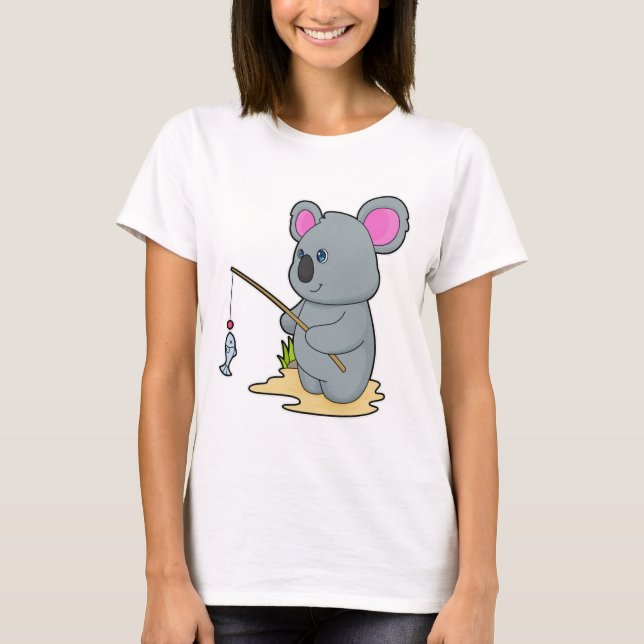 Camiseta Koala como pescador com cana de pesca e peixe (Frente)
