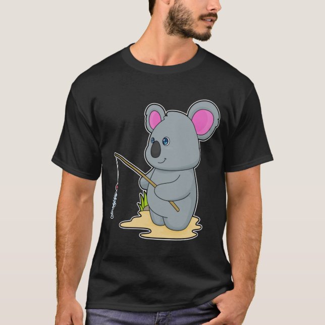 Camiseta Koala como pescador com cana de pesca e peixe (Frente)