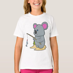 Camiseta Koala como pescador com cana de pesca e peixe