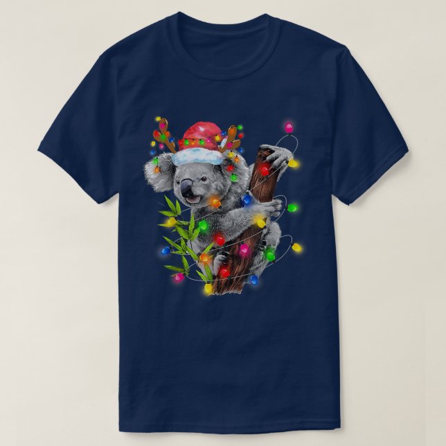 Camiseta Koala Natal Luz Engraçado Feliz Santa Hat Chris (Frente do Design)