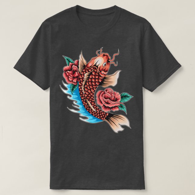 Camiseta Koi Carp Japonês Com Tatuagem De Flores (Frente do Design)