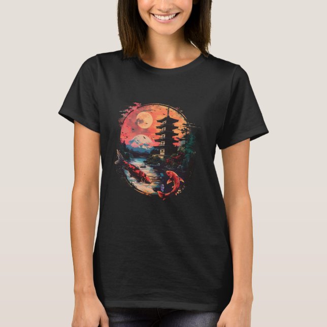 Camiseta Koi Carpa Japonesa Peixe Pagode Templo Japonês  (Frente)