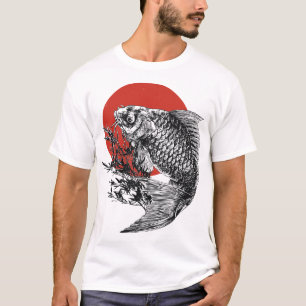 Camiseta Koi Fish Art Japonês   Impressão Red Sun   Feng As