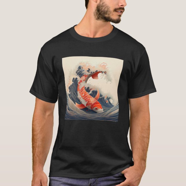 Camiseta Koi Fish nadando no estilo japonês onda de excelen (Frente)