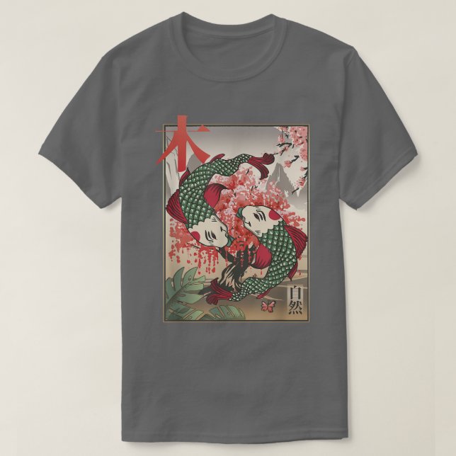 Camiseta Koi Japonês Koi Carp Sakura Tree Fuji Mountain Re (Frente do Design)