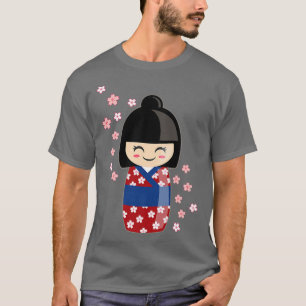 Camiseta Kokeshi Doll Kawaii Em Japonês Kimono E Sakura