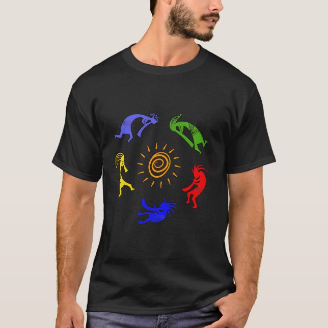 Camiseta Kokopelli Colorful Sun Dancing Musicians Fortune (Frente)