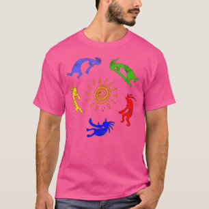 Camiseta Kokopelli Músicos Dançantes Coloridos do Sol Boas