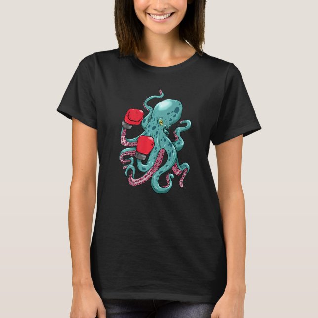 Camiseta Kraken Octopus Boxando Luvas Submarinas Oceânicas  (Frente)