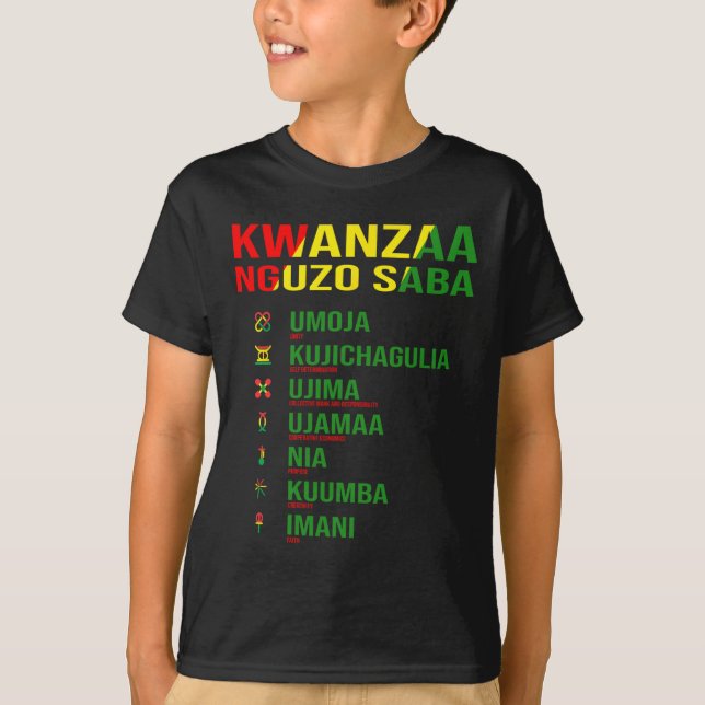 Camiseta Kwanzaa - Nguzo Saba - Design dos Sete Princípios (Frente)