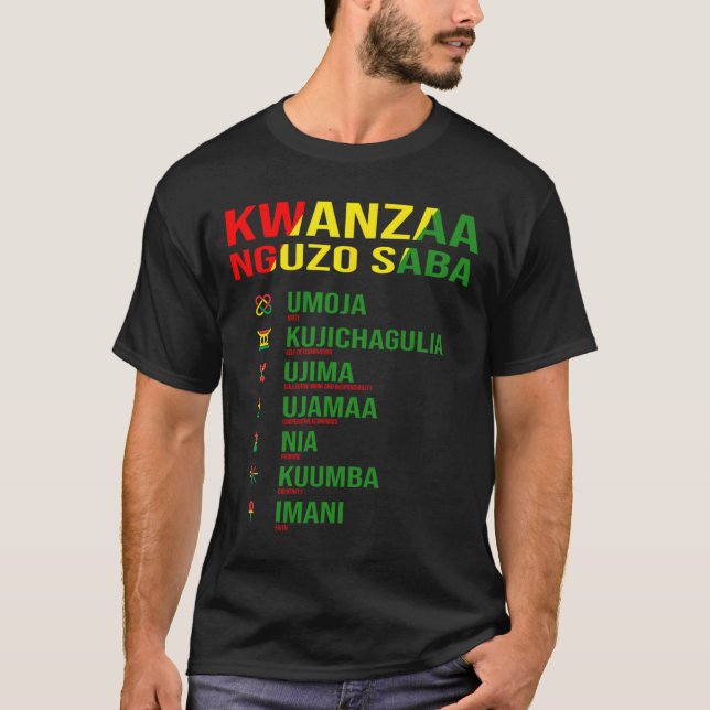 Camiseta Kwanzaa - Nguzo Saba - Design dos Sete Princípios (Frente)