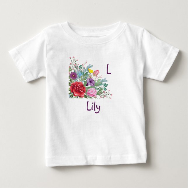 Camiseta L Lily Personalize o nome da letra, Rosa Flores (Frente)
