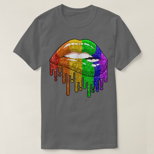 Camiseta Lábios Arco-Íris mordendo Gay LGBT LGBT Legal Homo (Frente do Design)