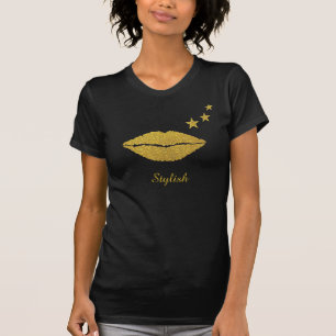 Camiseta lábios, caligrafia e estrelas com na moda dourado