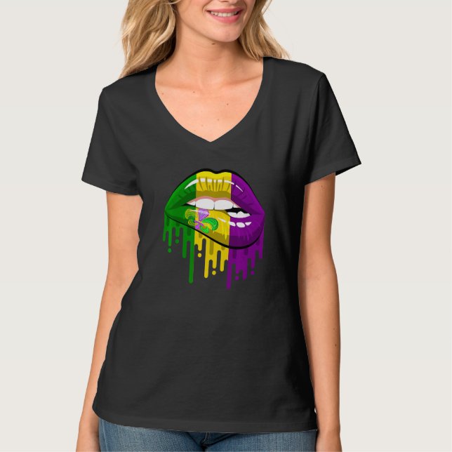Camiseta Lábios de fantasias Mulheres Fleur De Lis Mardi Gr (Frente)