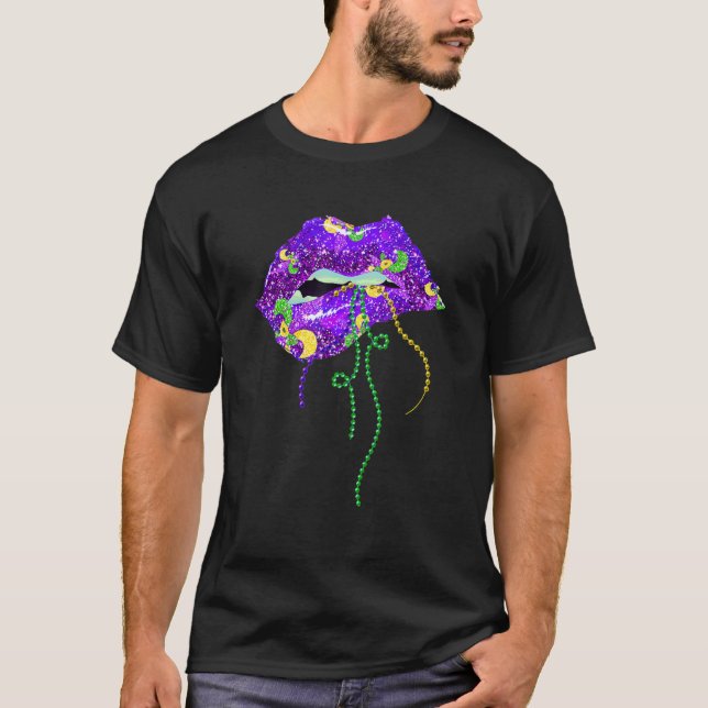 Camiseta Lábios de Mardi Gras Fantasia de Carnaval Roxo & D (Frente)