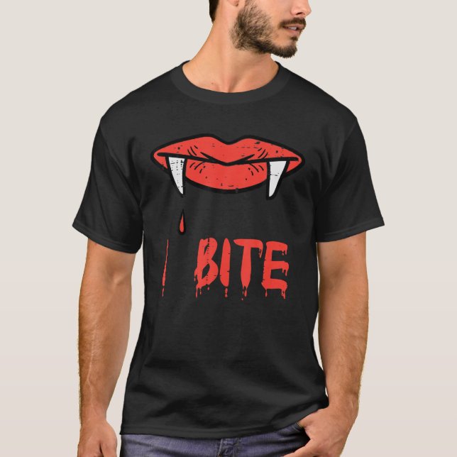 Camiseta Lábios De Vampiro De Halloween Eu Mordo Presas Cos (Frente)