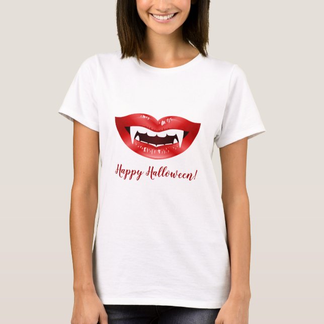 Camiseta Lábios de Vampiro Vermelho Boca Com Presas Feliz H (Frente)