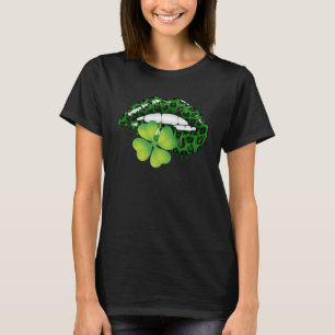 Camiseta Lábios do Leopardo Verde Shamrock Saint Patrick's 