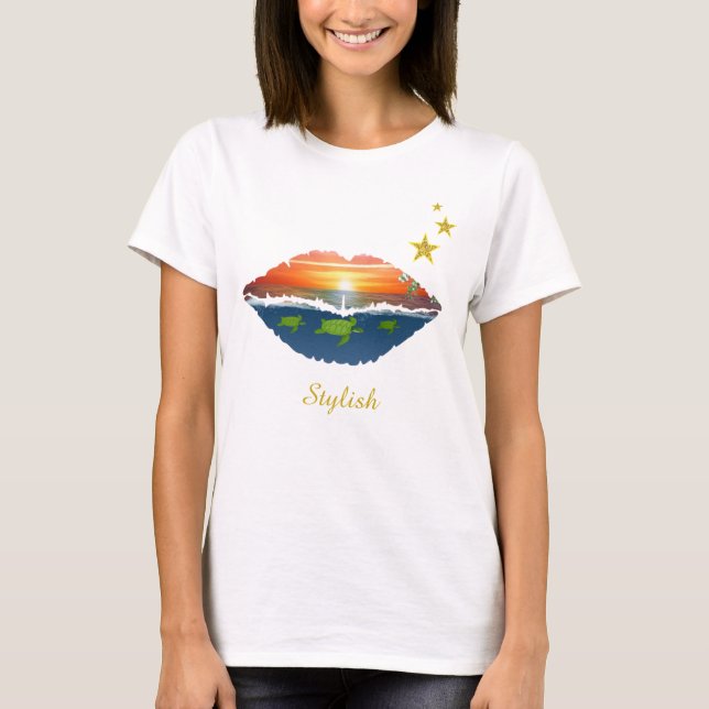 Camiseta lábios, estrelas e caligrafia do na moda oceano (Frente)