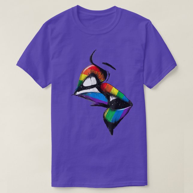Camiseta Lábios lésbicas beijando sinalizador do arco-íris  (Frente do Design)