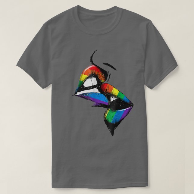 Camiseta Lábios lésbicas beijando sinalizador do arco-íris  (Frente do Design)