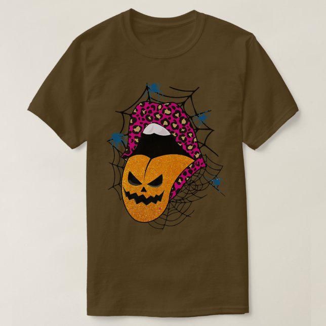 Camiseta Lábios Rosa de Bruxa Rosa de Halloween Pumpkin (Frente do Design)