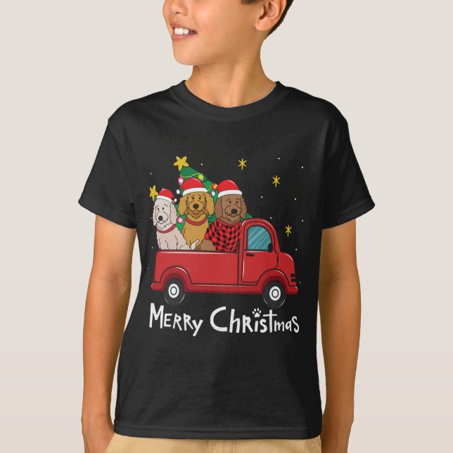 Camiseta Labradoodle Árvore de Caminhão de Natal Mãe Pai Cã (Frente)
