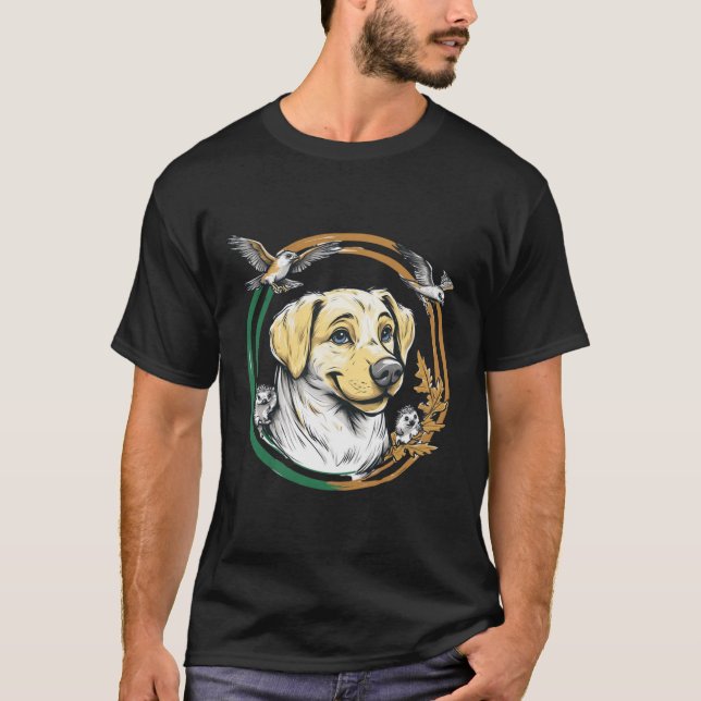Camiseta Labrador amarelo com ouriços e pássaros (Frente)