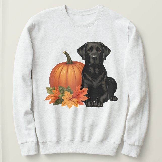 Camiseta Labrador preto com folhas de outono e abóbora (Frente do Design)