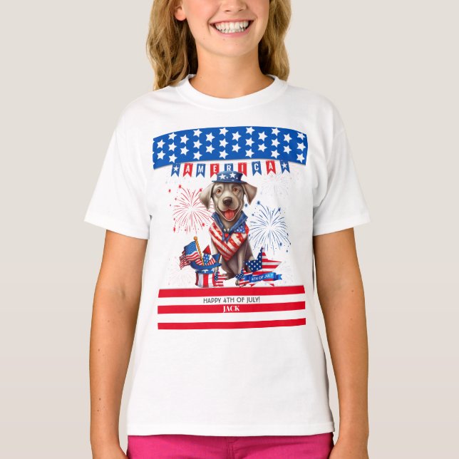 Camiseta Labrador Retriever Feliz 4 De Julho De Independênc (Frente)