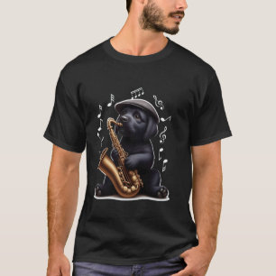 Camiseta Labrador Retriever Preto Tocando Jazz de Saxofone 
