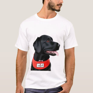 Camiseta Labrador Retriever Preto Usando uma Coleira Vermel