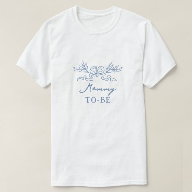 Camiseta Laço Botânico Azul Mamãe Para Ser Chamada Chuveiro (Frente do Design)