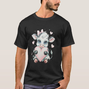 Camiseta Laço Coquete Rosa Vaca Preta e Branca Segurando Co