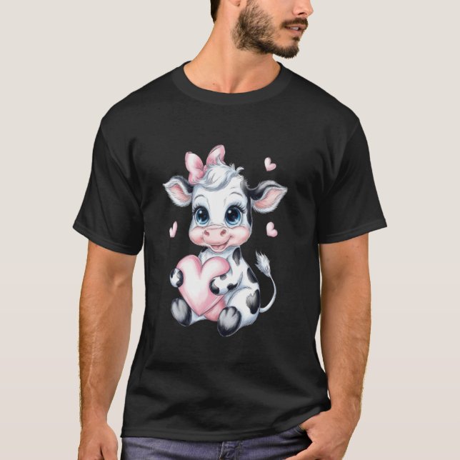 Camiseta Laço Coquete Rosa Vaca Preta e Branca Segurando Co (Frente)