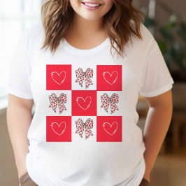 Camiseta Laço Coquete Vermelho Retro Coração Xadrez