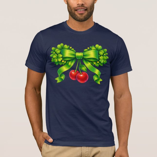 Camiseta Laco de Trevo da Sorte com Cerejas no Design Verde (Frente)