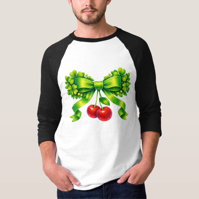 Camiseta Laço de Trevo Sortudo com Cerejas no Design Verde (Frente)
