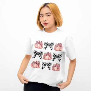 Camiseta Laço Xadrez Preto Coquette Leopardo Rosa Abóbora