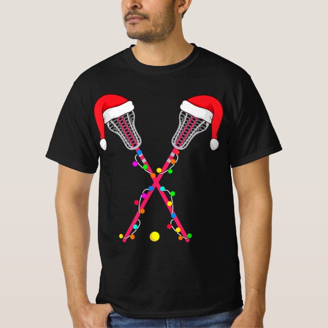 Camiseta Lacrosse Santa Hat Natal Luz Divertimento Natal (Frente)