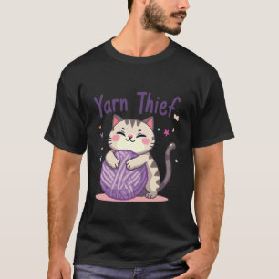 Camiseta Ladra de Fio de Tricô Gato Fofo Fazendo Crochê par