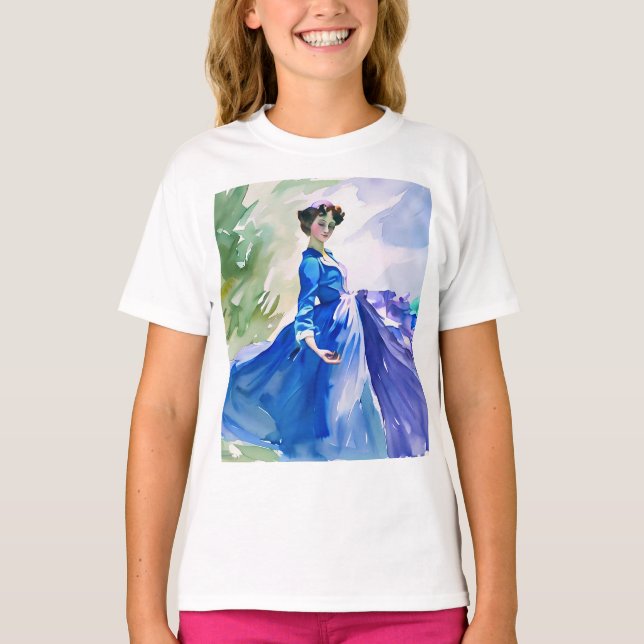 Camiseta Lady in Blue Vress - Pintura por Aquarela (Frente)