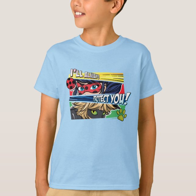 Camiseta Ladybug Miraculoso e Cat Noir sempre protegem você (Frente)